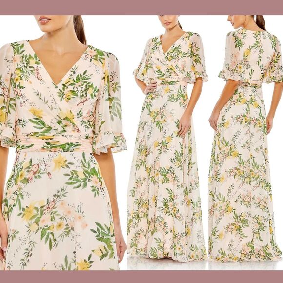 NWT$498 IEENA Mac Duggal [ 22 ] Floral Print Flutter Sleeve Maxi Gown Pink #S937 - Picture 1 of 16